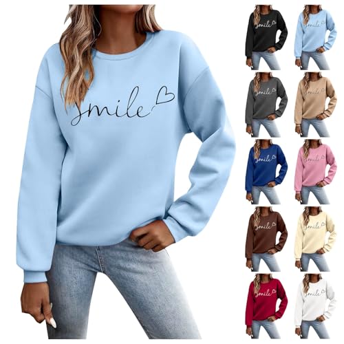 Damen Sweatshirt Smile Brief Drucken Pullover Lustiges Lächelndes Rundhals Langarmshirt Baumwolle Pulli Herbst Winter Casual Oberteile Langarm Tops 2024 (Hellblau, L) von Generic