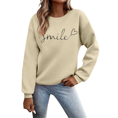 Damen Sweatshirt Smile Brief Drucken Pullover Lustiges Lächelndes Rundhals Langarmshirt Baumwolle Pulli Herbst Winter Casual Oberteile Langarm Tops 2024 von Generic