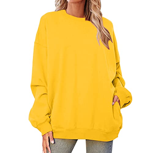 Damen Sweatshirt ohne Kapuze Oversized Vintage Pullover Langarm Retro Lockerer Langarmshirt 90er Y2K Fashion Aesthetic E-Girl Teenager Mädchen Herbst Winter Pulli (Gelb, XXL) von Generic