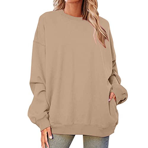 Damen Sweatshirt ohne Kapuze Oversized Vintage Pullover Langarm Retro Lockerer Langarmshirt 90er Y2K Fashion Aesthetic E-Girl Teenager Mädchen Herbst Winter Pulli (Khaki, XXL) von Generic