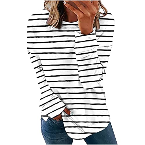 Damen-Sweatshirts ohne Kapuze, übergroß, gestreift, Sweatshirt, Pullover, langärmelig, modisch, Rundhalsausschnitt, Tops für Damen, weiß, 42 von Generic