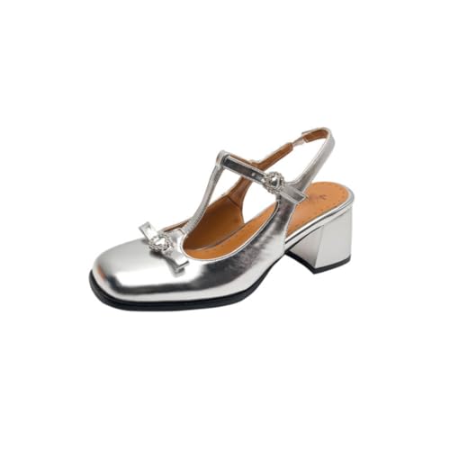 Damen T Riemchen Mary Janes Blockabsatz Schleifen Dekor Slingback Lackleder Obermaterial Verstellbarer Riemen Quadratische Zehen Bequeme Kleid Schuhe,Silber,36 EU von Generic