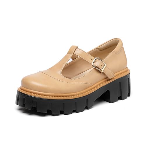 Damen T-Riemen Plateau Kleid Schuhe Runde Zehen PU Leder Loafers Stämmiger Ferse Vintage Schulschuhe,Apricot,41.5 EU von Generic