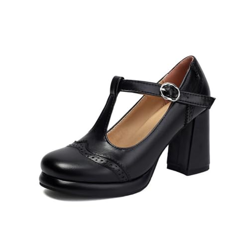 Damen T-Riemen Vintage Brogues Mit Schnalle Hoher Stämmiger Ferse Plateau Pumps Quadratische Zehen PU Leder Mary Janes,Schwarz,36 EU von smlekwc