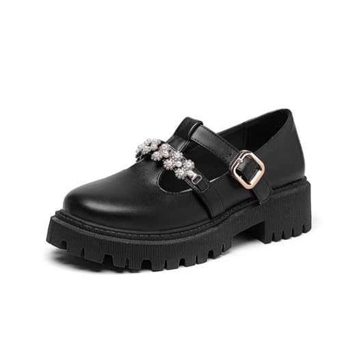 Damen T-Riemen Vintage Loafer Mit Schnalle Geschlossene Runde Zehen PU Leder Kleid Schuhe Mit Strass Blockabsatz Plateau Mary Janes,Schwarz,41.5 EU von Generic