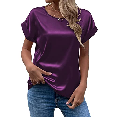 Damen T-Shirt Sommer Elegant Solid Rundhals Gerollte Kurzarm Satin Seide Bluse Tops, dunkelviolett, M von Generic