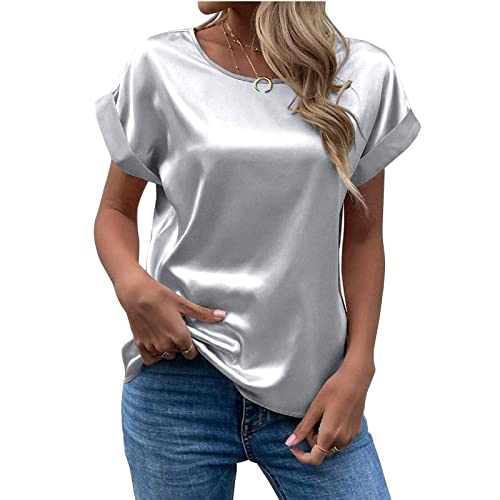 Damen T-Shirt Sommer Elegant Solid Rundhals Gerollte Kurzarm Satin Seide Bluse Tops, hellgrau, M von Generic