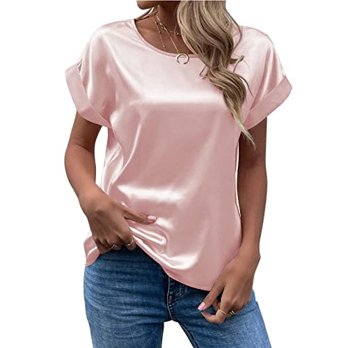 Damen T-Shirt Sommer Elegant Solid Rundhals Gerollte Kurzarm Satin Seide Bluse Tops, rose, Small von Generic