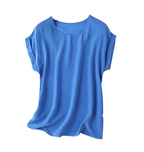 Damen T-Shirt aus 100 % Seide, lockerer Typ, Oberteil, Bluse, Rundhalsausschnitt, halbe Ärmel, Saum-Shirt, blau, X-Large von Generic