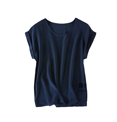 Damen T-Shirt aus 100 % Seide, lockerer Typ, Oberteil, Bluse, Rundhalsausschnitt, halbe Ärmel, Saum-Shirt, navy, Small von Generic