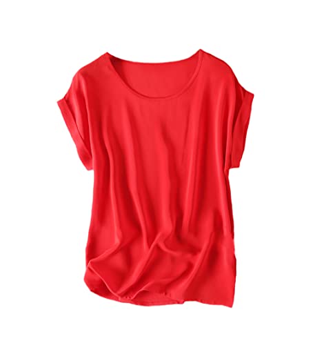 Damen T-Shirt aus 100 % Seide, lockerer Typ, Oberteil, Bluse, Rundhalsausschnitt, halbe Ärmel, Saum-Shirt, rot, M Damen T-Shirt aus 100 % Seide, lockerer Typ, Oberteil, Bluse, Rundhalsausschnitt, halbe Ärmel, Saum-Shirt, rot, M von Generic