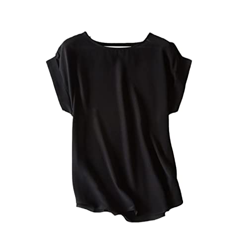 Damen T-Shirt aus 100 % echter Seide, kurzärmelig, einfarbig, schick, Sommer-Top, Schwarz / Marineblau, Schwarz , XXL von Generic