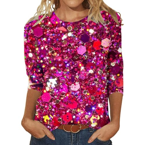 Damen-T-Shirt mit Pailletten-Design, dreiärmelig, runder Ausschnitt, modisches Oberteil T Shirt Weihnachten Damen Chiffon Cape (Hot Pink, XXXL) von Generic