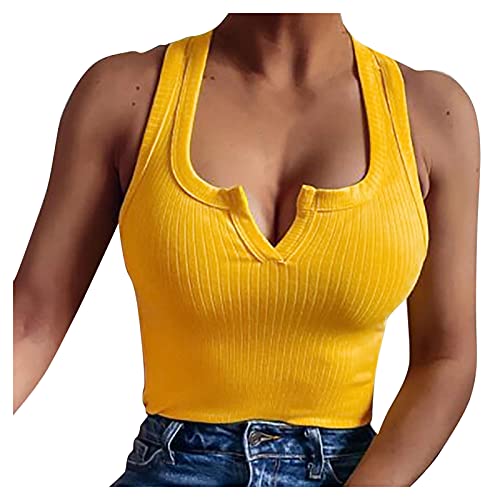 Damen Tank Top Sexy Tiefer V Ausschnitt Crop Tops Sommer Ärmellose Basic Shirt Camisole Oberteile Gym Sport Cropped Tank Tops (Yellow, L) von Generic