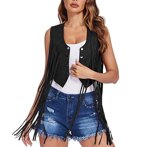 Damen Tank Top Sommer Ärmellose Tshirt - Hippie Weste Ärmellose Jacke - Tops Y2K - Vintage Faux Wildleder Cardigan Ärmellos Mini Gilet Mit Quasten Sommerweste Quaste Knopf Oben Ärmellose Weste von Generic