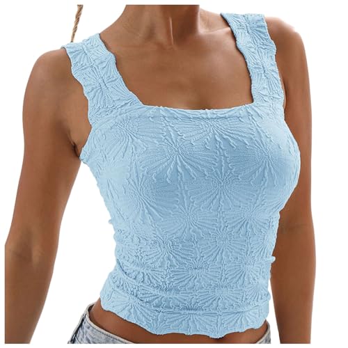 Damen Tanktop mit quadratischem Ausschnitt, gerippt, ärmellos, bauchfreie Tops, Sommerkleidung Bustier Damen Spitze (Blue, M) von Generic