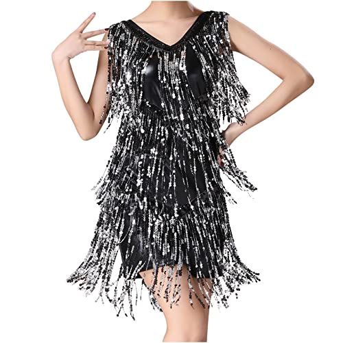 Damen Tanzkleid ärmellos V-Ausschnitt Skaterkleid Mit Multi Schichten Fransen Glitzer Rock Damen Glitzerndes Paillettenkleid Fransenkleid Flapper Kostüm Cocktail Fasching Karneval Sale Angebote von Generic