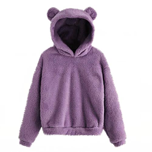 Damen Teddy Fleece Hoodie Mit Ohren Einfarbig Plüsch Kapuzenpullover Doppelseitiger Samt Kapuzenpulli Warme Hoody Oberteile Passform Langarm Sweatshirt Bequem Longsleeve Sweatpullover von Generic