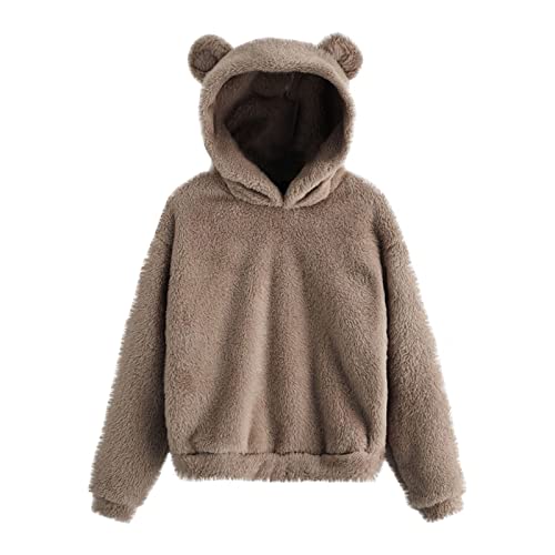 Damen Teddy Fleece Hoodie Mit Ohren Einfarbig Plüsch Kapuzenpullover Doppelseitiger Samt Kapuzenpulli Warme Hoody Oberteile Passform Langarm Sweatshirt Bequem Longsleeve Sweatpullover von Generic