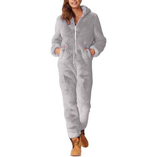 Damen Teddy Fleece Jumpsuit Damen Onesie Warm Schlafoveralls Kawaii Schlafoverall Ganzkörperanzug Winter Fluffy Pyjama Elegant Einteiler Onesie Weich Warm Loungewear Reißverschluss Kuscheliger von Generic