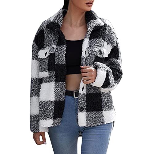 Damen Teddy FleeceJacke Karierte Fleecemantel Warme Teddyfell Wintermantel Verdickt Futter Bequem Winter Jacken Female Freizeit Arbeits Outdoorjacke von Generic