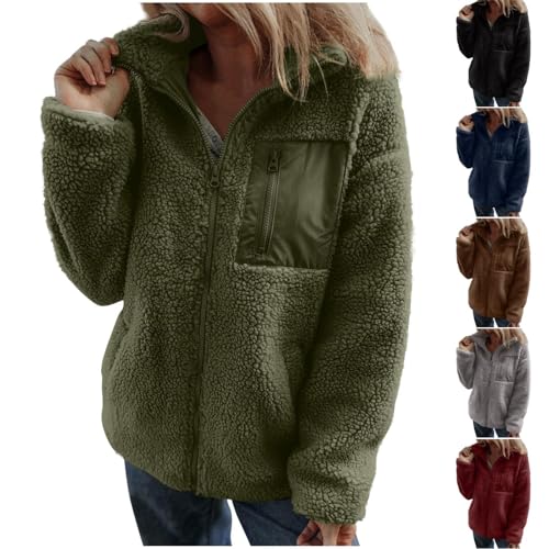 Damen Teddy Fleecejacke – Kuschelige Jacke mit Kontrastfarbenen Brusttaschen, Winter Sweatjacke Reißverschluss Plüschjacke Ohne Kapuze Langarm Warm Winterjacke Übergangsjacke Outwear von Generic