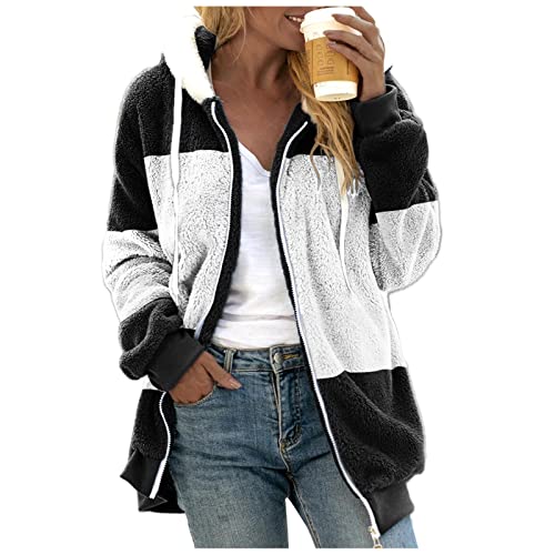 Damen Teddyjacke mit Kapuze Dicke Winterjacke Große Größen Plüschjacke Teddy Mantel Flauschige Winter Warme Jacke Teddyfell Kuscheljacke Plüschmantel Fleecejacke Hoodie Kapuzenpullover Reißverschluss von Generic