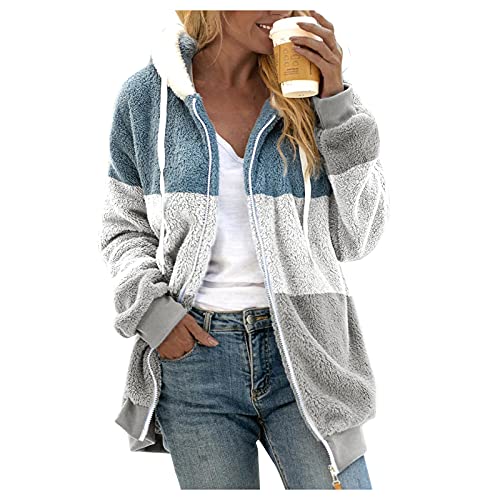 Damen Teddyjacke mit Kapuze Dicke Winterjacke Große Größen Plüschjacke Teddy Mantel Flauschige Winter Warme Jacke Teddyfell Kuscheljacke Plüschmantel Fleecejacke Hoodie Kapuzenpullover Reißverschluss von Generic