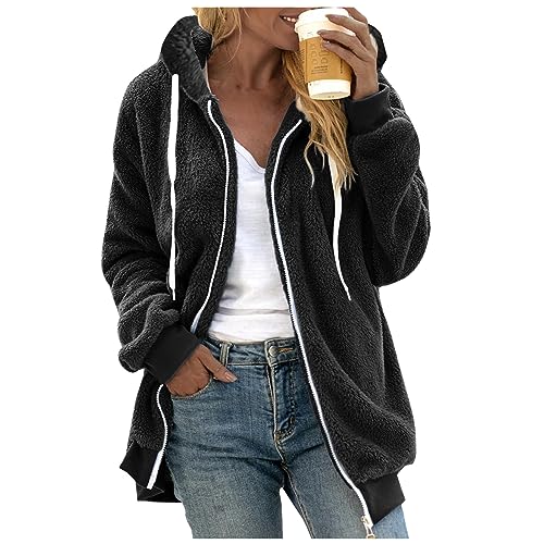 Damen Teddyjacke mit Kapuze Dicke Winterjacke Große Größen Plüschjacke Teddy Mantel Flauschige Winter Warme Jacke Teddyfell Kuscheljacke Plüschmantel Fleecejacke Hoodie Kapuzenpullover Reißverschluss von Generic