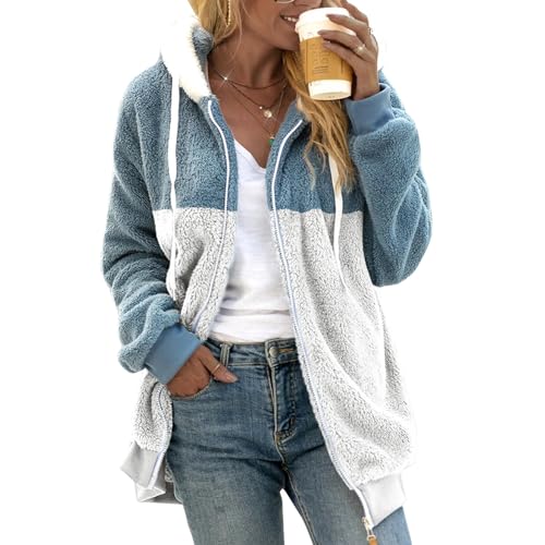 Damen Teddyjacke mit Kapuze Dicke Winterjacke Große Größen Plüschjacke Teddy Mantel Flauschige Winter Warme Jacke Teddyfell Kuscheljacke Plüschmantel Fleecejacke Hoodie Kapuzenpullover Reißverschluss von Generic