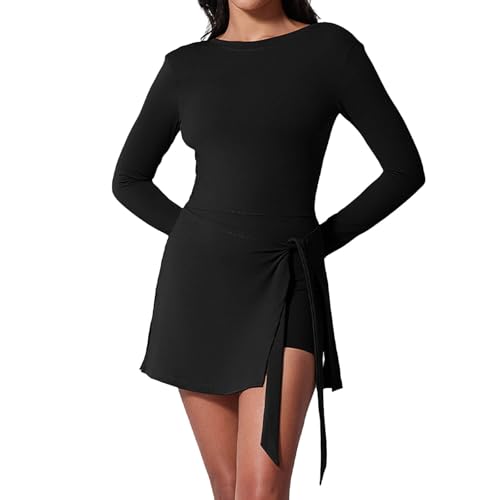 Damen Tenniskleid Langarm Golf Sport Kleid Mit integrierte Shorts Elegant Rüschen Rundhals Kinder Einfarbige Midikleid Tenniskleid Wickelrock Sexy Workout-Strampler Leichte Strandkleid von Generic