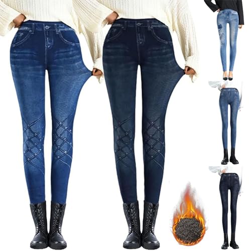 Damen Thermo Jeggings Treggings Große Größen Jeansoptik Leggings mit Gefütterte Thermoleggins High Waist Stretch Skinny Jeanshosen Strumphose Lange Tights von Generic