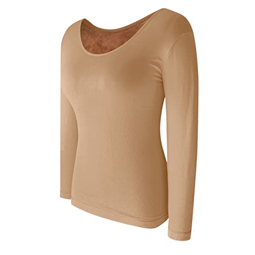 Damen Thermounterwäsche Oberteil Thermo Unterhemden Innenfleece Thermo Unterhemd Funktionsunterwäsche Langarm Fleece Shirt Winter Warme Langarmshirt leicht Skiunterwäsche (Beige, One Size) von Generic