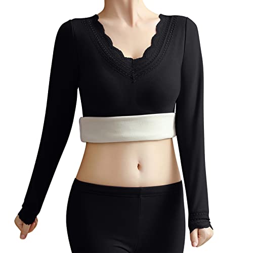 Damen Thermounterwäsche Oberteil Thermo Unterhemden mit Spitze Langarmshirt Sport Tops Thermounterwäsche Oberteil Winter Fleece Shirt Langarm Thermo Oberteil Gefütterte Unterwäsche (Schwarz, XXL) von Generic