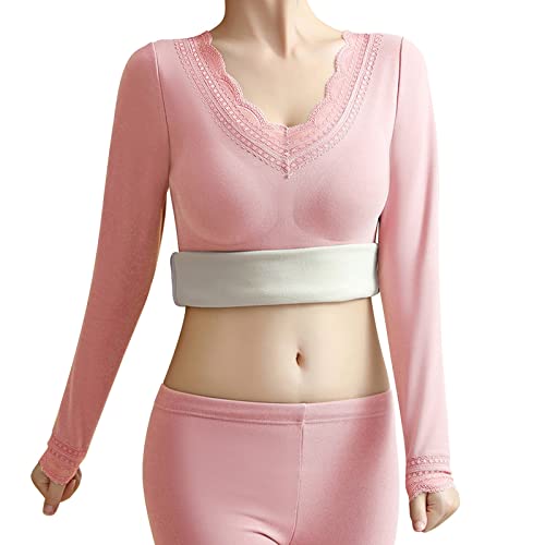 Damen Thermounterwäsche Oberteil Thermo Unterhemden mit Spitze Langarmshirt Sport Tops Thermounterwäsche Winter Fleece Shirt Langarm Thermo Gefütterte Unterwäsche für Frauen (Rosa, XL) von Generic