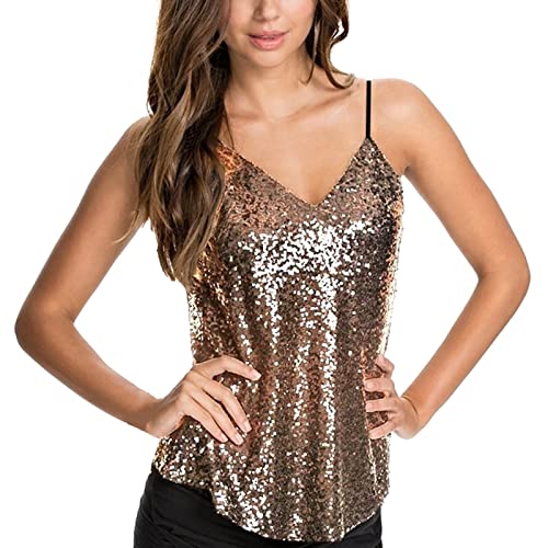 Damen Tops Pailletten Glitzer Oberteile Pailletten Tank Tops Party Weste Ärmellos Tunika Weste Damen Sequin Trägertops Verstellbare Träger top Spaghettiträger Pailletten Tops Blusen (Gold, L) von Generic