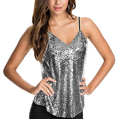 Damen Tops Pailletten Glitzer Oberteile Pailletten Tank Tops Party Weste Ärmellos Tunika Weste Damen Sequin Trägertops Verstellbare Träger top Spaghettiträger Pailletten Tops Blusen (Silver, L) von Generic