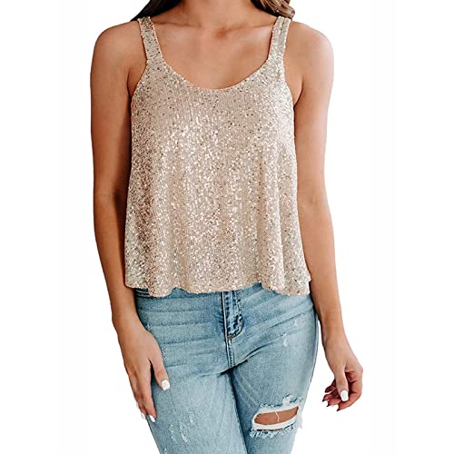 Damen Tops Pailletten Glitzer Oberteile Pailletten Tank Tops Party Weste Ärmellos Tunika Weste Damen Sequin Trägertops Verstellbare Träger top Spaghettiträger Pailletten Tops Blusen (Y3-Beige, S) von Generic