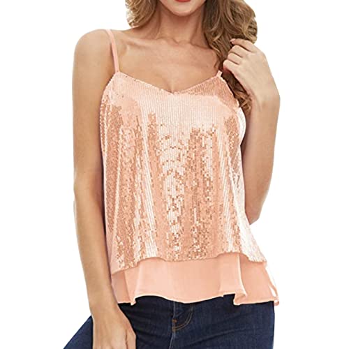 Damen Tops Pailletten Glitzer Oberteile Pailletten Tank Tops Party Weste Ärmellos Tunika Weste Damen Sequin Trägertops Verstellbare Träger top Spaghettiträger Pailletten Tops Blusen von Generic