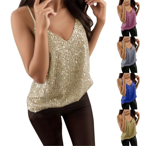 Damen Tops Pailletten Glitzer Oberteile Pailletten Tank Tops Party Weste Ärmellos Tunika Weste Damen Spaghetti Tops V-Ausschnitt Camisole Tank Trägertop Sparkle Party von Generic