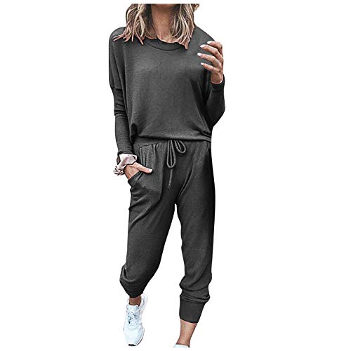 Damen Tracksuit Langarm Rundhals Einfarbig Zweiteiler Outfit Jogger Trainingsanzug Set Sweatshirt & Jogginghose Hausanzug Damen Jogginganzug Outfit Jogger Trainingsanzug Set (Dark Gray, M) von Generic