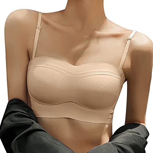 Damen Trägerloser BH Ohne Bügel Bandeau BH mit Vorderer Schnalle Push Up Rutschfester Unsichtbarer BH mit Abnehmbare Träger (X1 Beige, S) von Generic