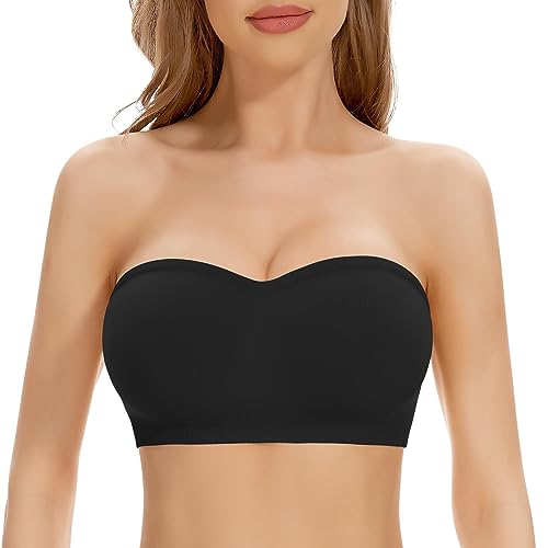 Damen Trägerloser BH Push Up ohne Bügel Bandeau Top Damen Gepolsterter Seamless Ribbed Rutschfestes Silikon mit Transparenten Trägern von Generic