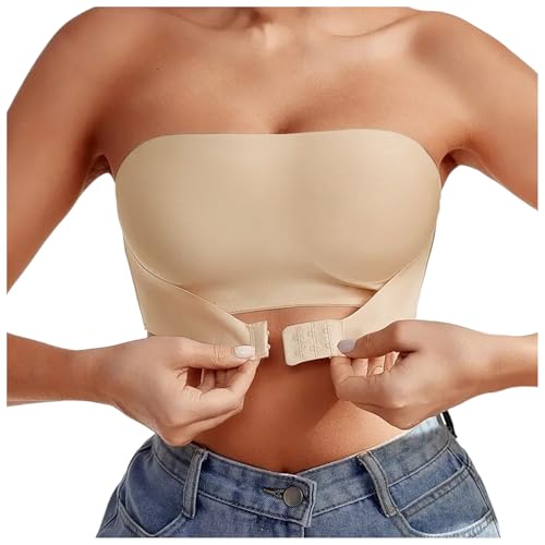 Damen Trägerloser BH ohne Bügel Push Up BHS ohne Träger Feste Polster Bandeau Top mit Transparente mit rutschfestem Frontverschluss Design Bra Einfarbig Leicht Bustier von Generic
