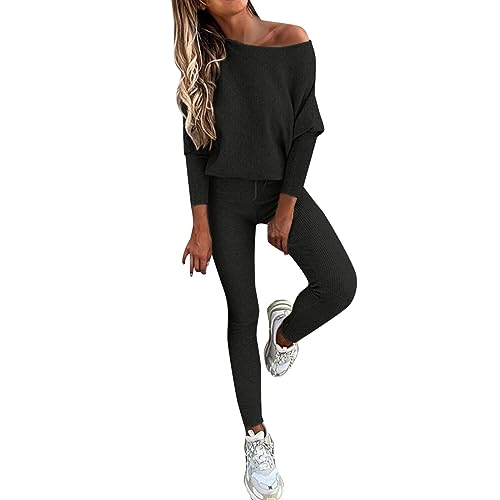 Damen Trainingsanzug Hausanzug Set Jogginganzug Sportanzug Freizeitanzug Zweiteiler Tracksuit Sweatshirt und Hose Casual Einfarbig Outfit Lässiger Freizeitanzug Sweatshirts 2-Teiliges (Black, L) von Generic