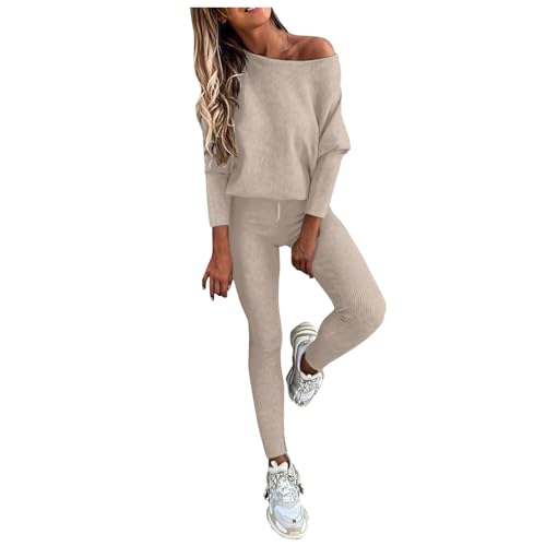 Damen Trainingsanzug Hausanzug Set Jogginganzug Sportanzug Freizeitanzug Zweiteiler Tracksuit Sweatshirt und Hose Casual Einfarbig Outfit Lässiger Freizeitanzug Sweatshirts 2-Teiliges (Khaki, L) von Generic