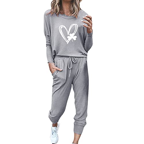 Damen Trainingsanzug Set Liebe Drucke Jogginganzug Sportanzug Langarm Freizeitanzug Rundhals Hausanzug Sweatshirt + Lang Hose Sportswear Zweiteiliger Anzug Yoga Sport Fitnessanzug von Generic