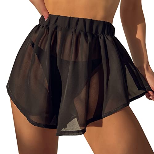 Damen Transparent Minirock Einfarbig Rock Mesh Plisseerock transparentem Netz-Stoff Bikini Cover Up Pole Tanz Kostüm Partyrock Kurz Clubwear Sommer von Generic