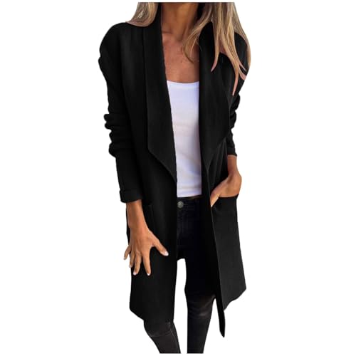 Damen Trenchcoat Lang Mantel Einfarbig Langarm Revers Mittellang Geknöpft Tweed Jacke Winddichter Übergangsmantel Jacke Elegant Casual Open Front Mittellanger Mantel von Generic