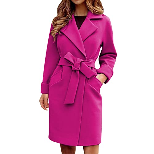 Damen Trenchcoat Langer Mantel Jacke Winddichter Wintercoat mit Gürtel Rever s Mantel Kleider Elegant Herbst Winter Vintage Warme Wintermantel Outwear Lang Park a Jacke Windbreaker (O-Hot Pink, S) von Generic